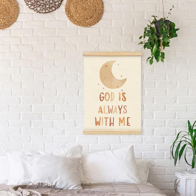 PLKMN Christian Nursery Wall Decor, God is Always with Me Wall Art with Wooden Poster Hanger, Boho Moon Christian Wall Decor for Nursery Kids Room Sunday School Preschool Classroom, 12x16 Inch