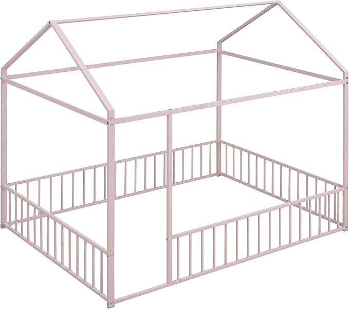 Bellemave Full Size Montessori Floor Bed, Metal House Bed Framefor Kids, Montessori Floor Beds with Fence, Playhouse for Kids, Pink
