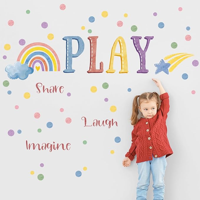 Mfault Playroom Wall Decals Stickers, Inspirational Play Share Laugh Imagine Quotes Nursery Classroom Decorations Bedroom Art, Rainbow Polka Dots Neutral Toddlers Kids Room Decor Gifts