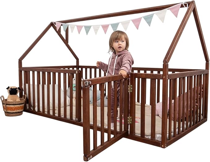 BUSY WOOD House Wooden Playpen - Montessori Floor Bed with Safe Gate - Toddler Bed - Floor Bed - Frame with Fence and Door - Toddler Bedroom Furniture - Full, Twin, Queen, King Size (Model 6)