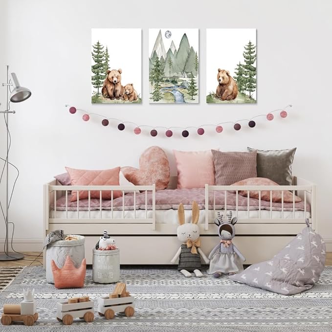 Baby Bear Nursery Wall Art, Cute Bears Wall Decor, Watercolor Green Mountain Forest Wall Art, Woodland Camping Nursery Decor Print, Nature Art for Boy Girl Toddler Bedroom, Framed Canvas, 16"x24"x3