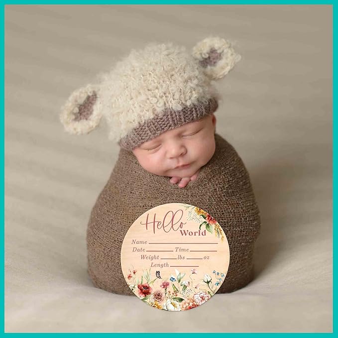 Hello World Wood Newborn Baby Birth Announcement Sign - 6 Inch Round - Butterfly Boho Floral - Shower Gift - Nursery Decor