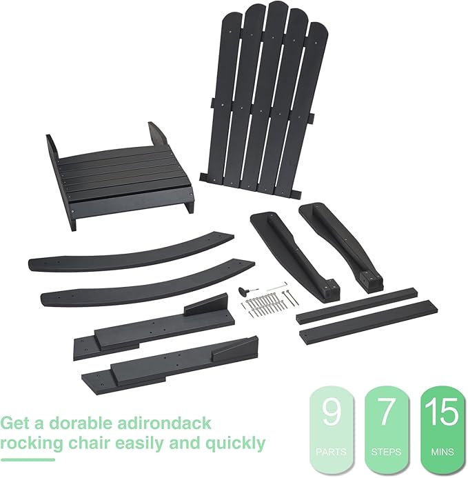 Psilvam Outdoor Adirondack Rocking Chair, Poly Lumber Porch Rocker with High Back, Patio Rocking Chair for Both Outdoor and Indoor (Black)