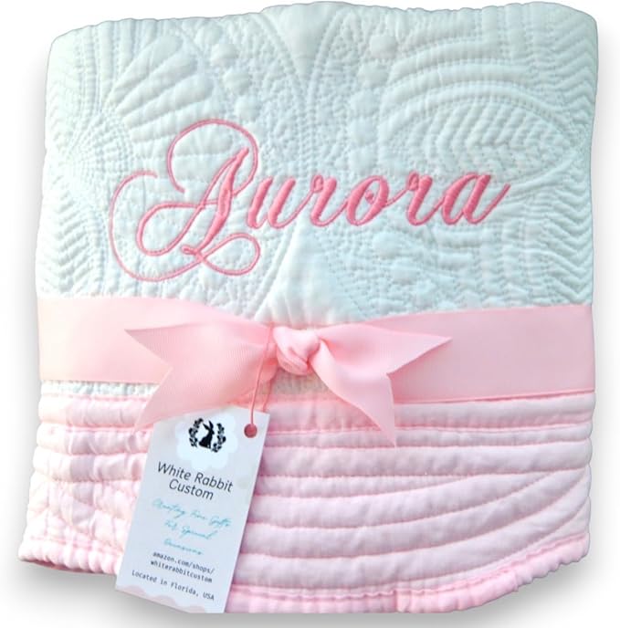 Personalized Baby Bed Blanket Quilt with Name Date Newborn Gift Girl Boy Crib Size White Custom Pink Blue White Embroidered Nursery