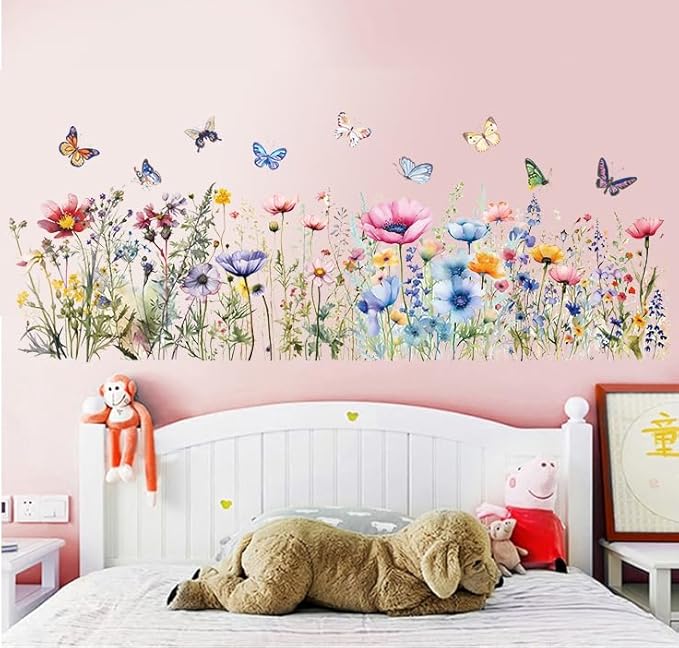 Weeds Wildflower Wall Stickers, Watercolour Colorful Flower Floral Buterflying Wall Decal for Nursery Kitchen Home