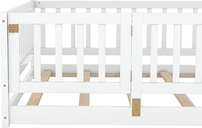 Full Size Floor Bed Frame with Door and Slats,Montessori Floor Bed with Safety Guardrails for Girls Boys,Solid Wood Kids Montessori Bed Full Size,White