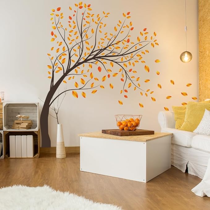 Autumn Tree Wall Decals Large Tree Wall Stickers DIY Peel and Stick Fall Yellow Leaves Wall Decor for Kids Girls Boy Bedroom Living Room Nursery Classroom Offices TV Sofa Background Decoration