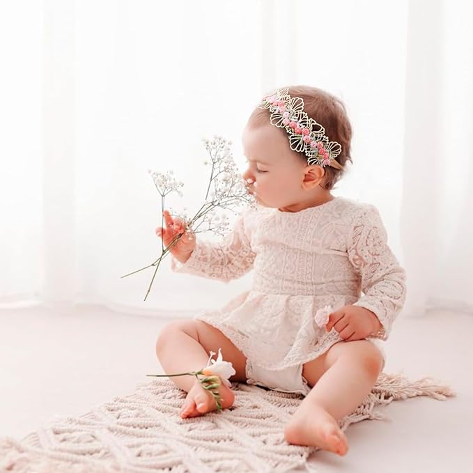 Baby Girl Flower Hair Bows Nylon Headbands, 6PCS Stretchy Soft Floral Hairbands Crown, Handmade Hair Accessories for Newborn Infant Toddler