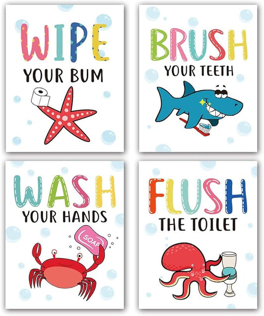 Funny Colorful Cartoon Sea Life Themed Bathroom Inspirational Quotes Art Print Humorous Quotes Painting, Toilet Rules Art Picture for Children Washroom Bathroom Decor, Set of 4 8X10 inch, No Frame