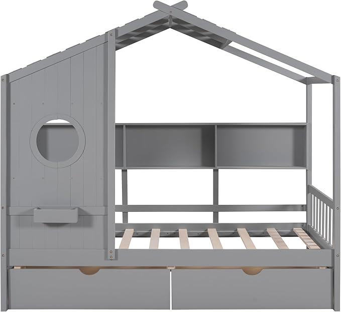 MERITLINE Twin Size Kids House Bed with 2 Drawers and Storage Shelf, Wooden Kids Montessori Bed Frame (Grey)