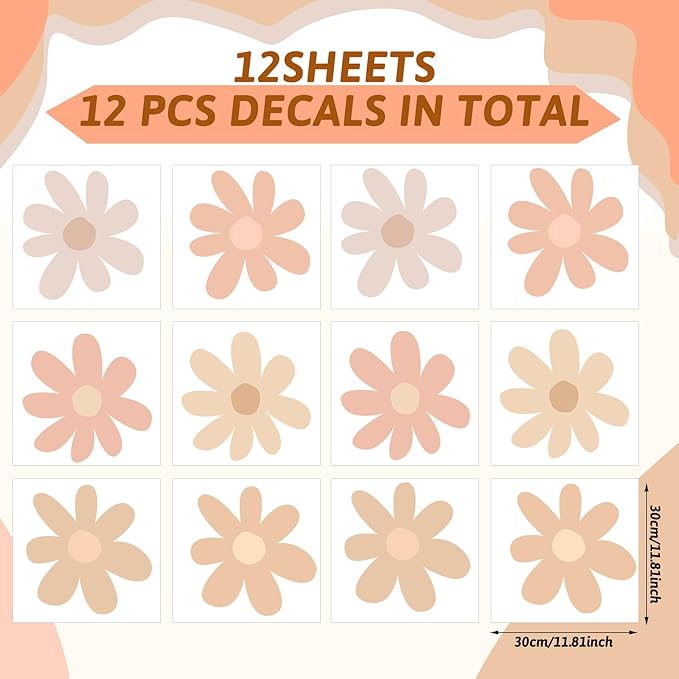 TaoBary 12 Sheets Daisy Wall Decal Flower Wall Sticker Cute Daisy Sticker Pink White Flower Decal Peel and Stick Floral Wallpaper for Nursery Bedroom Home Decor(Light Color,Bobo Style)