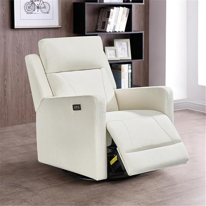 Pemberly Row Premium Fabric Glider Power Recliner Nursery Rocking Chair for Living Room, Kids Room, Rocker Swivel Recliner with USB Port in Cream