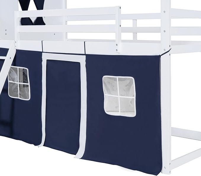 Full Size House Bunk Bed with Elegant Windows and Sills, Solid Wood Tent Bed Frame with Guardrails for Kids Teens Boys Girls, Versatile Spacious Under Bed Space with Curtains (White+Blue C)