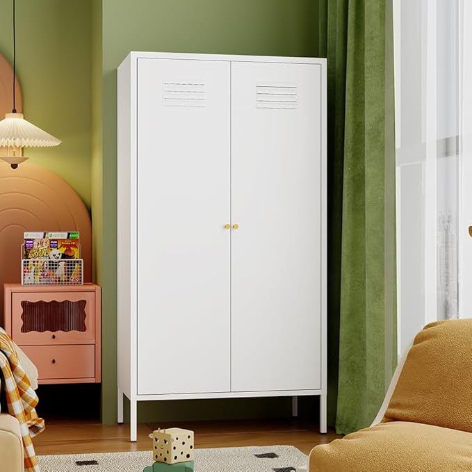 2 Door Metal Wardrobe,Storage Cabinet with Hanging Rod and 2 Freely Adjustable Shelves，Kids Tall Metal Armoire Closet for Kids Bedroom, Laundry Room,Home Bedroom(Steel Wardrobe, White)