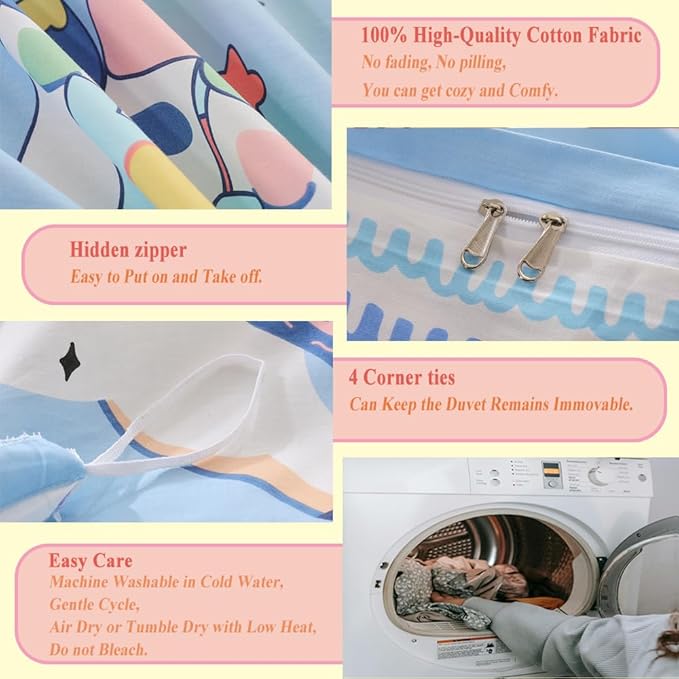 100% Cotton Kids Duvet Cover Set - Unicorn & Rainbow Bedding Queen Size, Kawaii Comforter Cover for Girls & Boys, Soft Breathable Bedding Set with Cute Design(Unicorn,Queen)