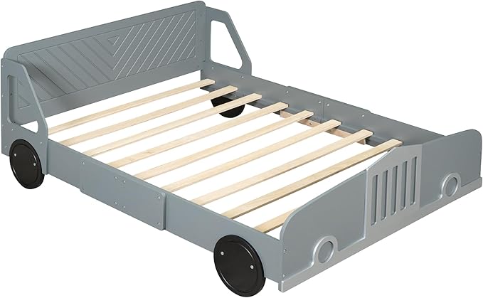 Full Size Car-Shaped Platform Bed with Wheels, Solid Wood Car Bed Frame with Strong Slatted Support for Kids Teens Boys Girls Bedroom, Fun Play Design Kids Floor Bed (Gray-WL55)