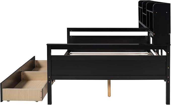 Harper & Bright Designs Full Daybed with Storage, Wooden Full Size Bed Frame with Bookcase Headboard and 2 Drawers, Full Sofa Bed with Shelves for Living Room Bedroom, No Box Spring Need, Espresso