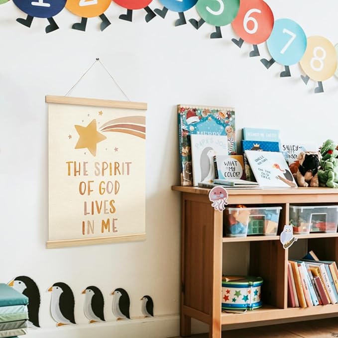 PLKMN Christian Nursery Wall Decor, the Spirit of God Lives in Me Wall Art with Wooden Poster Hanger, Boho Christian Wall Decor for Nursery Kids Room Sunday School Preschool Classroom, 12x16 Inch