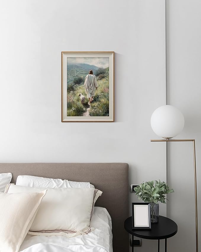 ARPEOTCY Framed Canvas Wall Art, 12x16 Inch Jesus and Lamb Christian Wall Decor, Religious Artwork of The Good Shepherd for Living Room, Bedroom, or Prayer Room