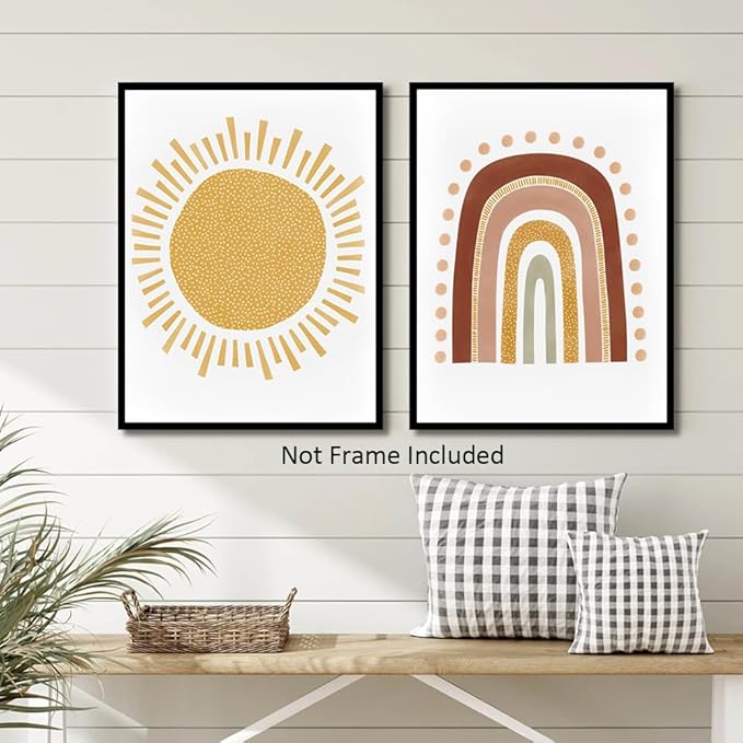 LUHDFYS Boho Wall Art Print,Mid Century Modern Abstract Rainbow and Sun Canvas Wall Art,Minimalist Nursery Decor for Baby Room,Kids Home Decor,Unframed