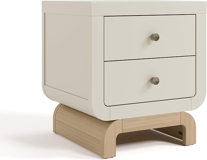Storkcraft Santorini 2 Drawer Nightstand (Frosted Oat & Driftwood) - GREENGUARD Gold Certified Nightstand for Kids Bedroom, Premium Wood with Curved Base, “Champagne” Metal Knobs