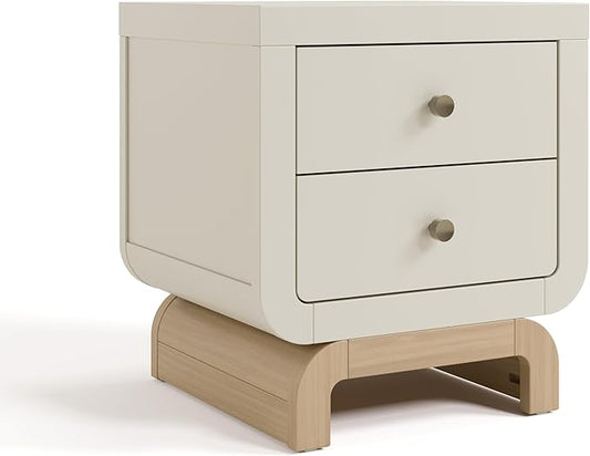 Storkcraft Santorini 2 Drawer Nightstand (Frosted Oat & Driftwood) - GREENGUARD Gold Certified Nightstand for Kids Bedroom, Premium Wood with Curved Base, “Champagne” Metal Knobs