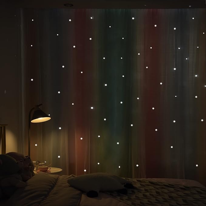 Kinryb Nursery/Kids/Girls Room Star Cut Out Blackout Rainbow Curtain with Sheer Overlay 2 Panels, Each 52 inch Wide,95 inch Length with White Gauze,Ombre Stripe Rainbow Curtains (2 Panels,52x95 Inch)