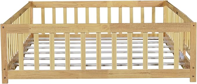 Full Size Floor Bed with Convertible Door & Wood Slats Support for Girls & Boys,Wood Montessori Bed Frame w/Guardrails & Close to The Floor for Kids,Natural