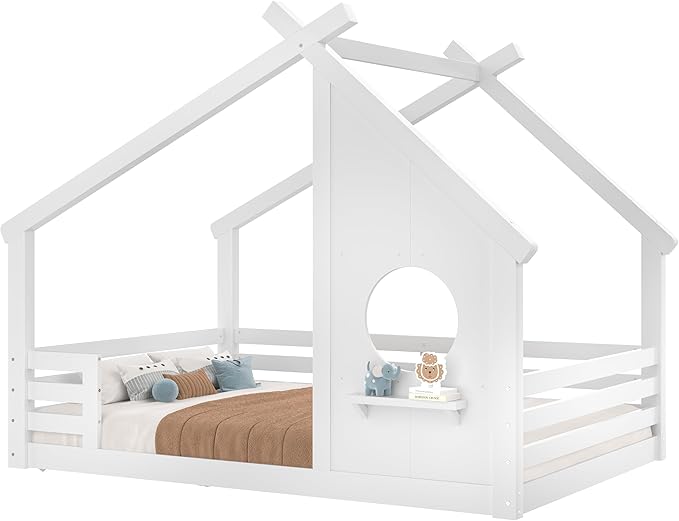 SOFTSEA Full Size House Bed Frame with Roof, Kids Floor House Bed with Window and Storage Shelf for Boys Girls, Wood Montessori Bed with Roof and Guardrails, White