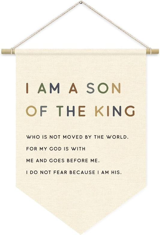 Homeschool Decor Boy Nursery Decor, I am a Son of the King Banner, Christian Religious Bible Verse Wall Hanging Pennant Flag for Boys Bedroom Playroom, Inspirational Wall Decor
