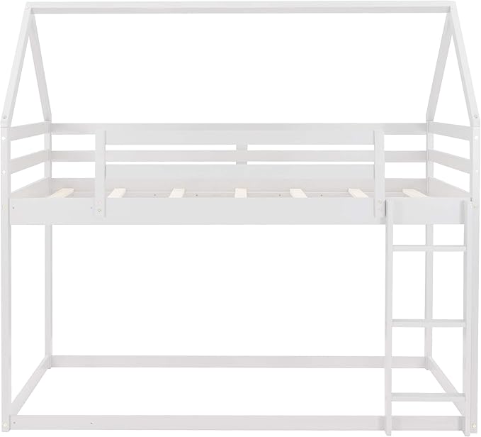 MERITLINE House Shaped Bunk Bed Twin Over Twin Size Wood Bunk Bed Frame Low Bunk Beds for Kids and Toddlers, Twin Size,White