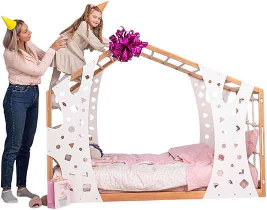 2-in-1 Montessori Bed with Wooden Play Gym for Home Activities, Made in Europe 75 x 38 Twin Floor Bed, 5 Colors Space Saving House Bed Combined with Toddler Gym for Boys&Girls, Water Based Paint Used