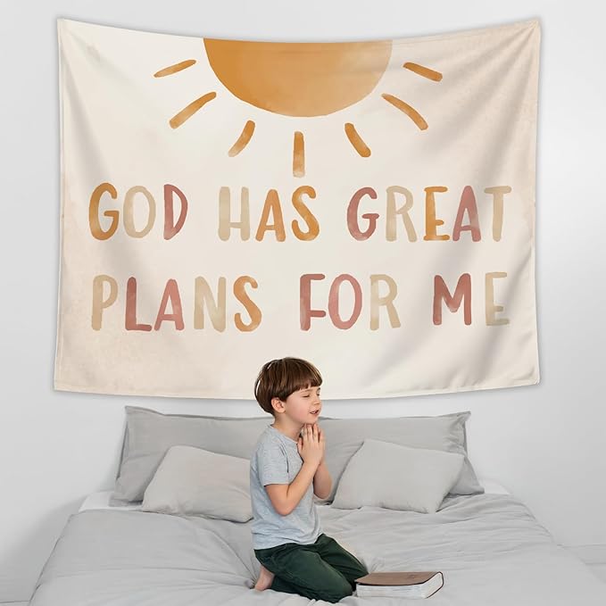 LIANGW Boho Neutral Baby Nursery Christian Wall Tapestry – God Has Great Plans for Me Bible Verse Decor, Inspirational Toddler Room Tapestry for Boys,Teens Room Decoration Room Bedroom 50x60 inches
