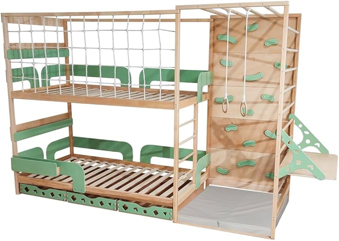 2-in-1 Bunk Bed with Desk and Toddler Jungle Gym Indoor for Home Activities, Made in Europe 75 x 38 Bunkbed with Storage Baskets, 3 Colors Space Saving Montessori Floor Bed Combined with Jungle Gym
