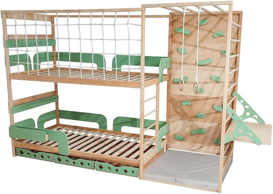 2-in-1 Bunk Bed with Desk and Toddler Jungle Gym Indoor for Home Activities, Made in Europe 75 x 38 Bunkbed with Storage Baskets, 3 Colors Space Saving Montessori Floor Bed Combined with Jungle Gym