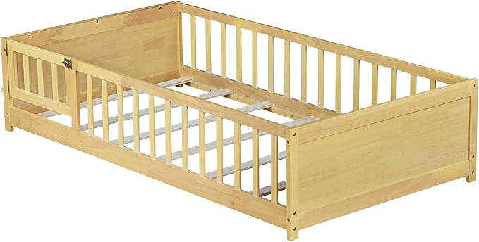 Twin Size Kids Montessori Floor Bed with Door,Twin Floor Bed Frame with Slats and Bookcase,Solid Wood Montessori Bed for Girls Boys,Natural