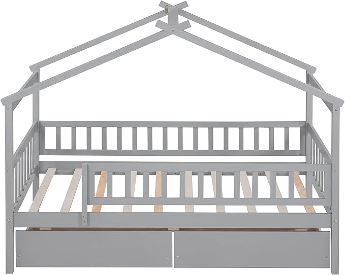 Aoowow Twin Size House Bed with Storage Drawers,Kids Wooden Bed Frame Twin House Bed with Slats and Fence for Boys Girls Teens for Bedroom(Grey)