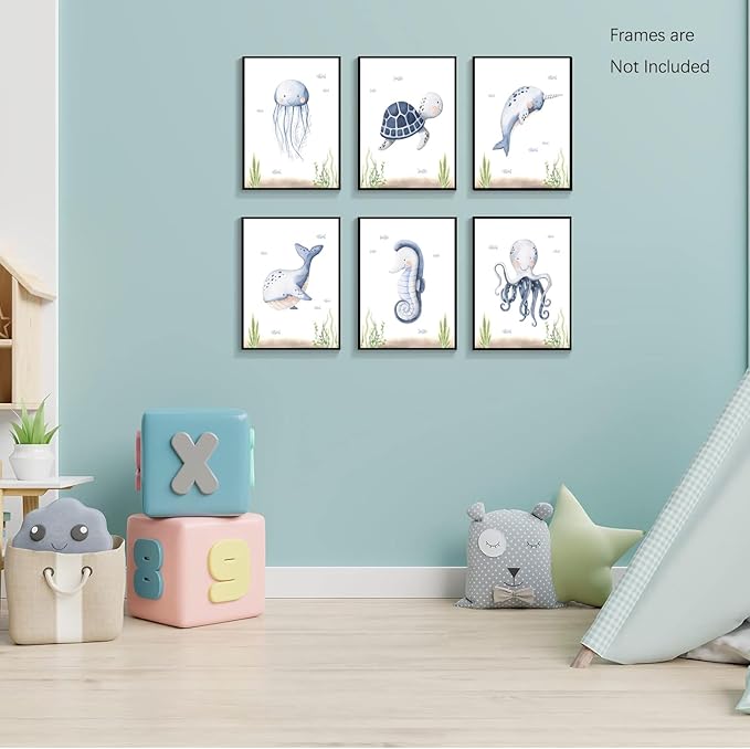 Wodkwq Nursery Wall Art Sea Animal Canvas Prints Baby Girl Boy Room Decor Watercolor Paintings Pictures Cute Ocean Theme Toddler Room Decoration Set of 6 for Kids Bedroom Bathroom 12x16in Unframed