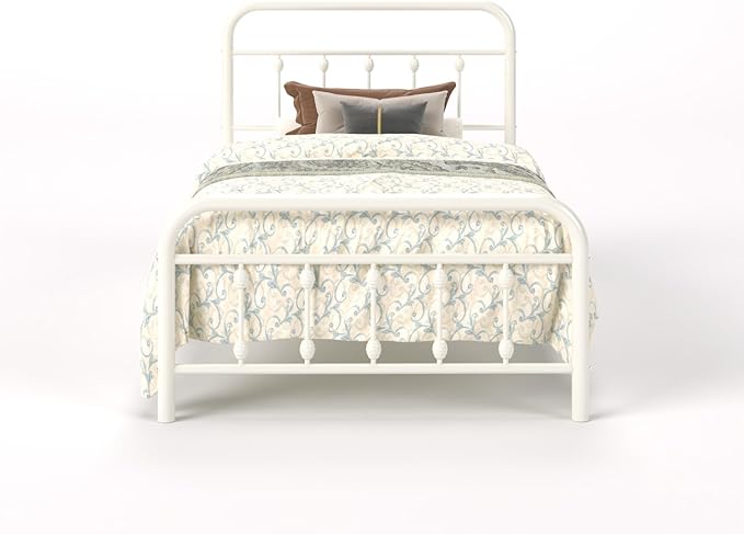 SHA CERLIN Twin Size Metal Platform Bed Frame with Victorian Style Iron-Art Headboard and Footboard, Easy Assembly, Under Bed Storage, No Box Spring Required, White