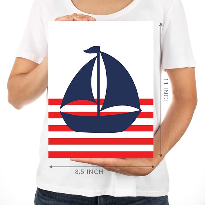 Andaz Press Personalized Ocean Nautical Sailor Theme Nursery Kids Bedroom Hanging Wall Art Decor, 8.5x11-inch, Red Stripes, Boat, Anchor, Lighthouse, 6-Pack, Custom Unframed Room Poster