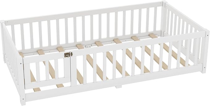 Bellemave Twin Size Floor Bed with Rails for Kids, Girls, Boys, Pine,Plywood Floor Bed with slats and Door, White