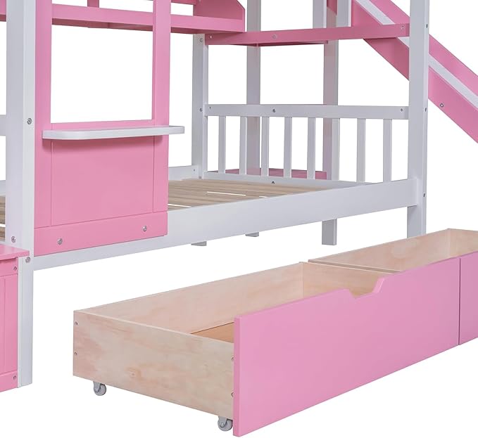 MERITLINE Twin Over Twin Castle Bunk Bed with Slide,Stairs and Drawers,Solid Wood Floor House Princess Bunk Bed with Storage Shelves (Pink)