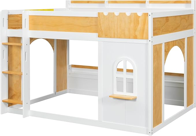 Full Over Full Bunk Bed with Storage Shelves and Window, Wood Bunk Bed Frame with 2 Doors for Kids Teens Adult Bedroom, No Spring Box Needed