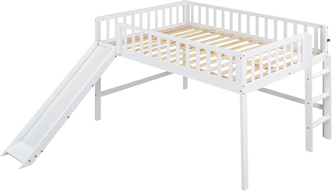 Flieks Full Size Low Loft Bed Frame for Boys Girls Kids Adults Toddler for Boys Girls Kids Adults Toddler with Ladder and Slide,White