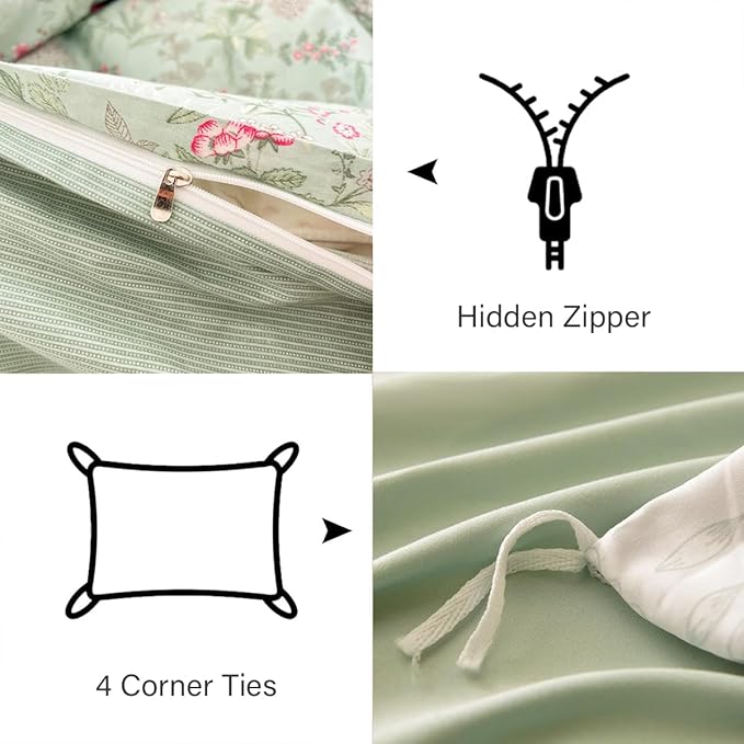 Duvet Cover Full 3Pcs Green Pink Floral Bedding Set for Girls Kids Botanical Flower Bedding Reversible Striped Pattern Soft Microfiber Sage Green Bedding with 2 Pillowcases(No Comforter)