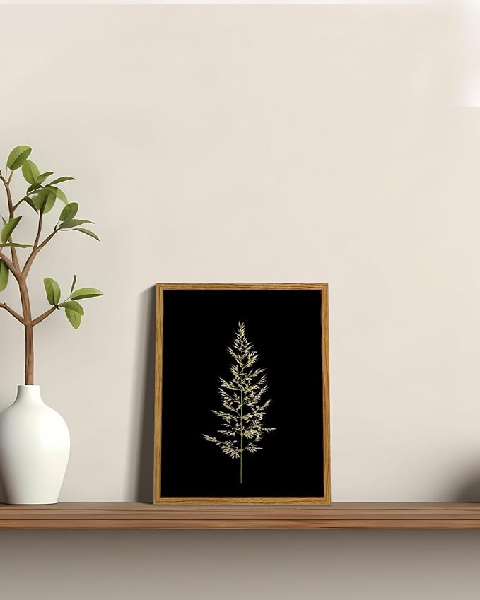 ARPEOTCY Vintage Framed Botanical Wall Art, Bedroom Bathroom Reed Grass Dark Black Art Decor, Canvas Print Retro Paintings, Home Neutral Farmhouse Fall Moody Decor, 8x10 Inch