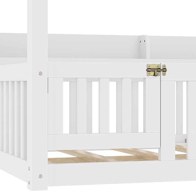 Polibi Full Size Montessori Floor Bed with Guardrails, Low Profile Solid Wood Canopy Frame with Built-in Shelves, No Box Spring Needed, for Kids & Teens, White