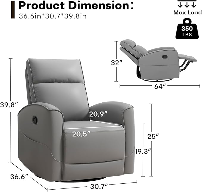 Swivel Rocker Recliner Chair, Manual Faux Leather Glider Rocking Recliners for Adults, 360° Swivel Nursery Reclining Sofa with Storage Pocket