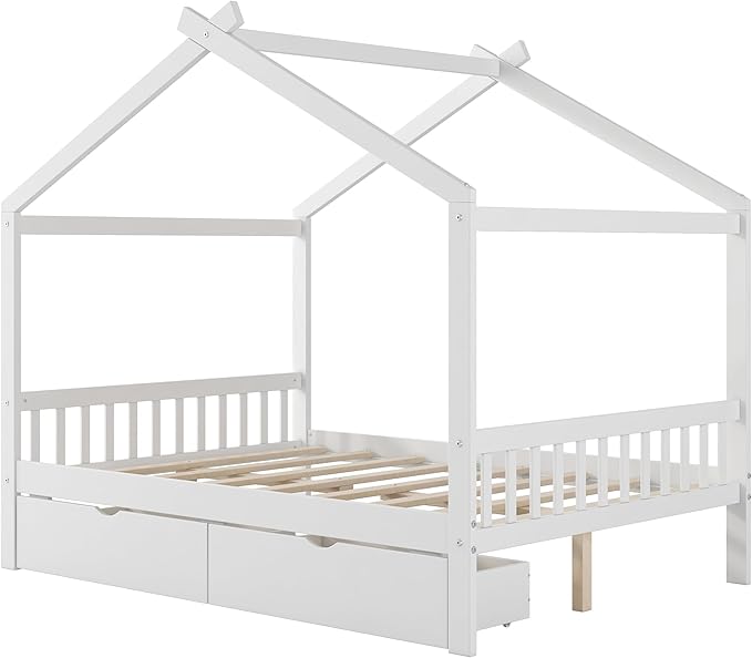 Harper & Bright Designs Full Size House Bed Frame for Kids, Wood Playhouse Platform Bed Frame with Two Drawers and Fence, Roof Design, White