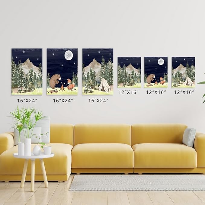 Camping Nursery Wall Decor, Bear Fox Nursery Print, Moon Night Woodland Nursery Decor, Watercolor Mountain Forest Wall Art, Set of 3 Nature Picture for Boy Girl Bedroom, Framed Canvas, 16"x24"x3